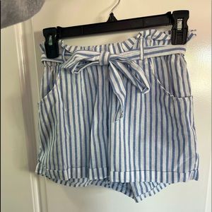 Blue and White Striped Frill Waist Shorts